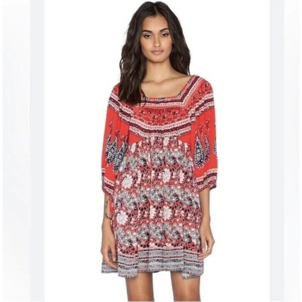 Free People Midsummers Dream Dress Size Small Red Floral Cutout Mini 1/2 Sleeve
